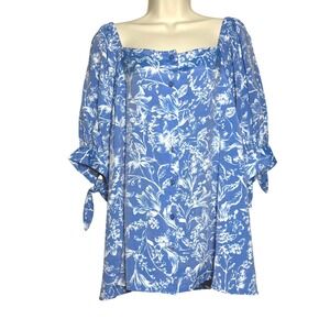 Lauren Conrad Womens Blouse Top 1X Blue White Floral Buttons Coastal Brunch Chic